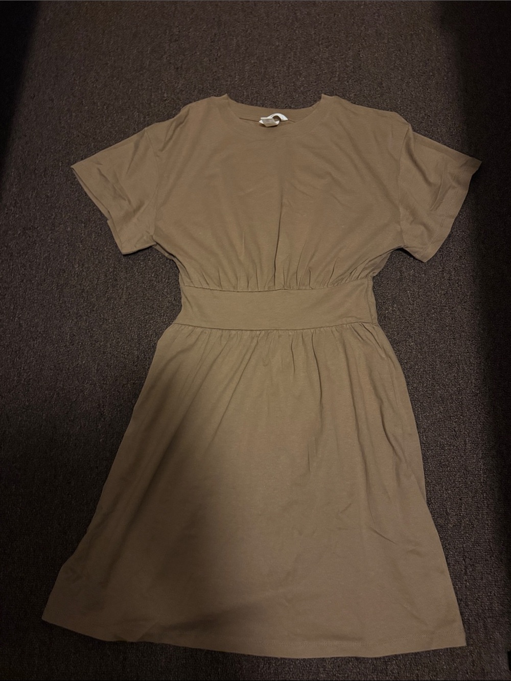 H&M Short-Sleeve Waist-Defined Mini Dress in Taupe